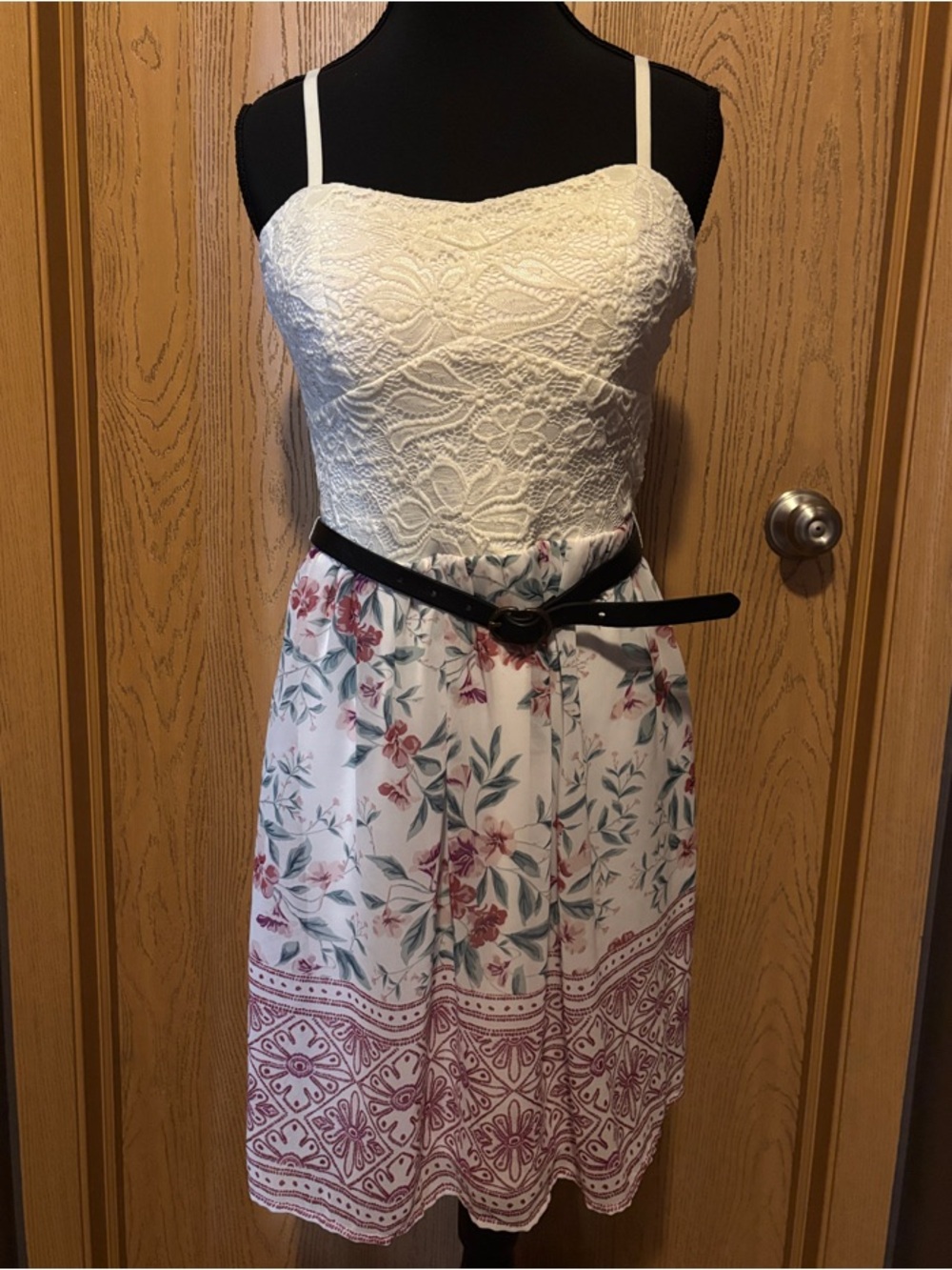 White & Floral Lace Bodice Spaghetti Strap Dress